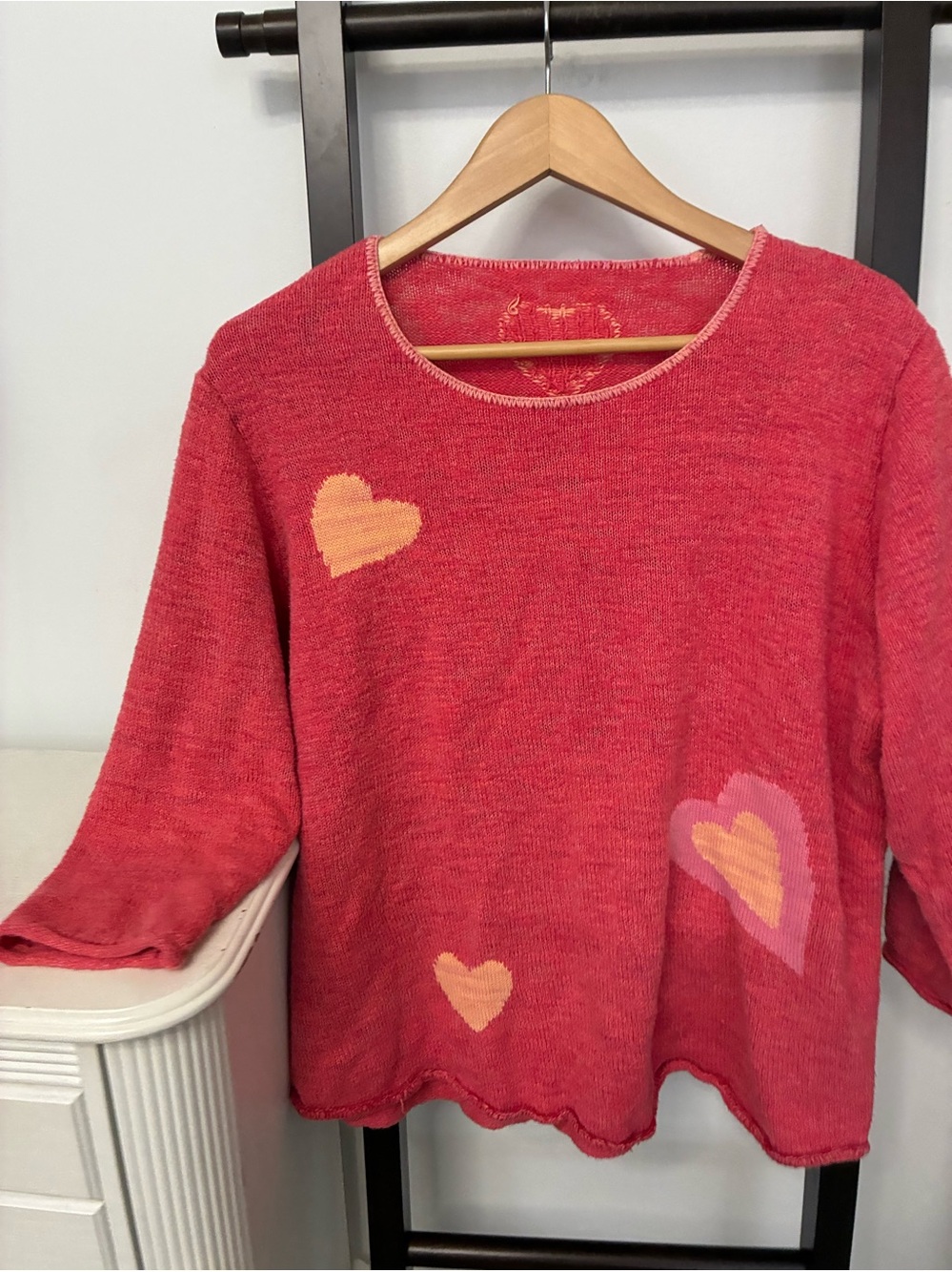 Women's Coral/pink Heart Knit Sweater 100% cotton knit.